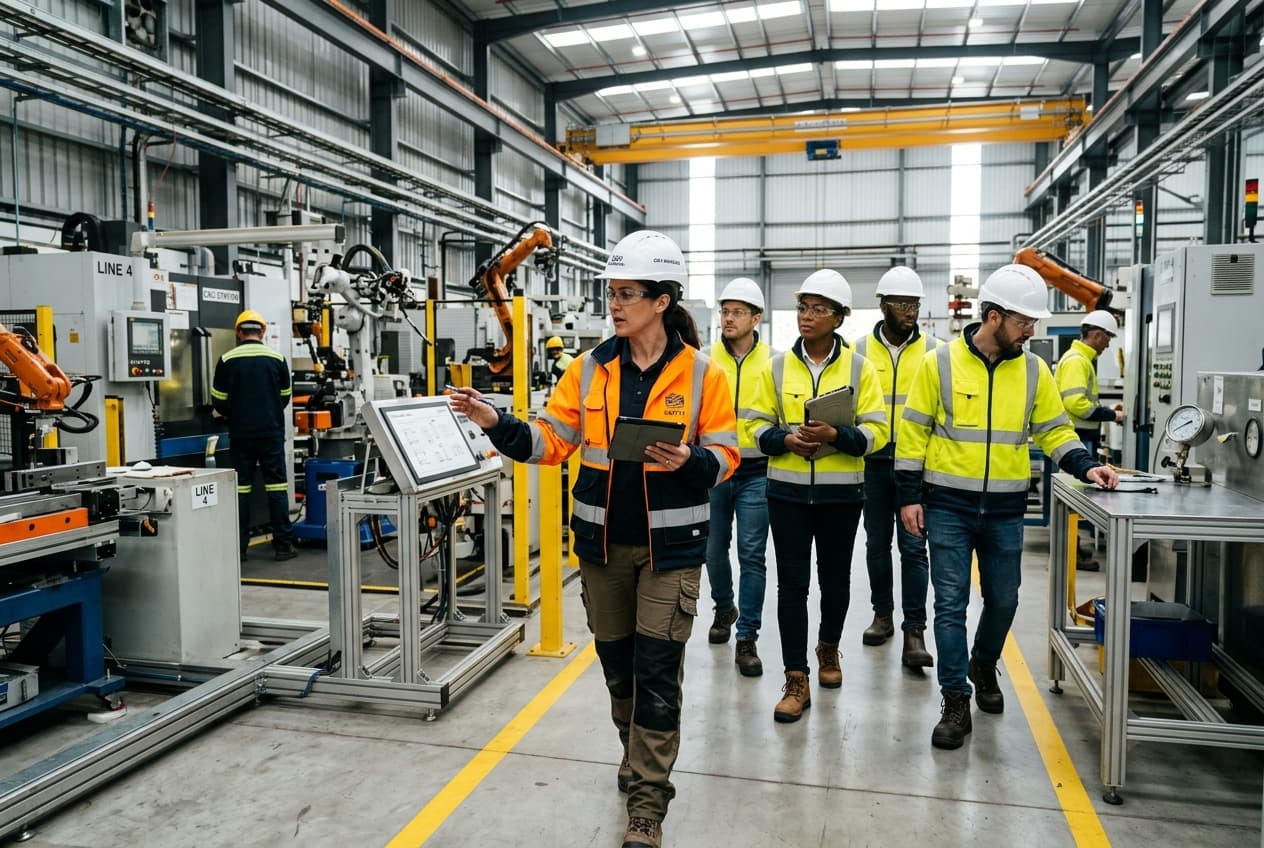Safety management team reviewing facility safety protocols