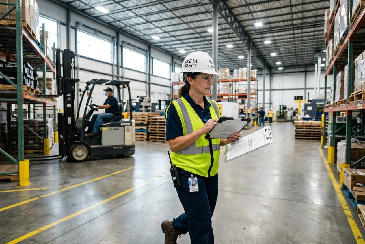 OSHA safety supervisor conducting warehouse safety inspection